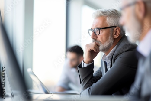 Concentrated serious european businessmen thinking strategy brainstorm. Business man performing analysis planning enterprise finance investments stock market modern technology ceo office employees men photo