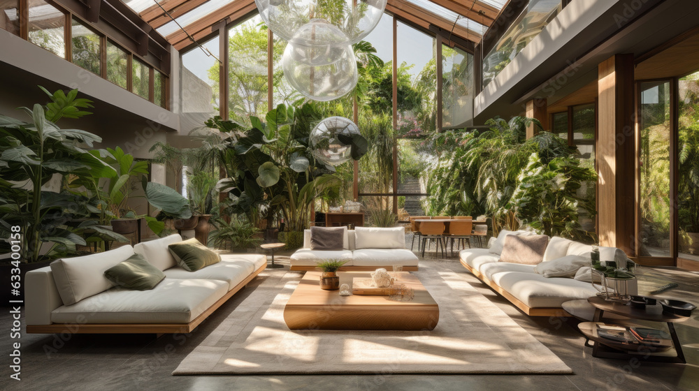 luxurious living room with high ceiling and exotic plants
