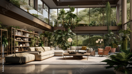 luxurious living room with high ceiling and exotic plants © Textures & Patterns