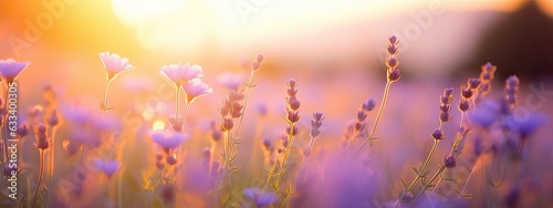 Wild flowers in a meadow at sunset. Macro image  shallow depth of field. Abstract summer nature background