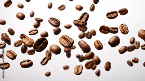 Coffee beans levitate on a white background. Created with Generative AI technology.