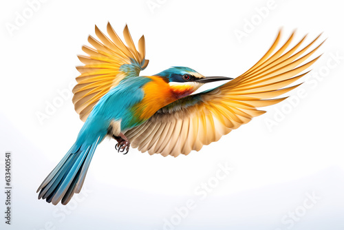 Exotic bird flying on a white background, teal blue and golden color bird. Generative Ai