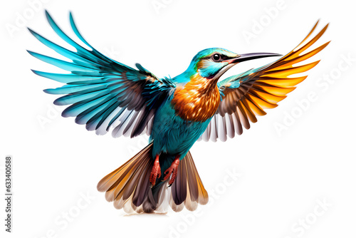 Exotic bird flying with beautiful wing span on a white canvas background, teal blue and orange color bird. Generative Ai