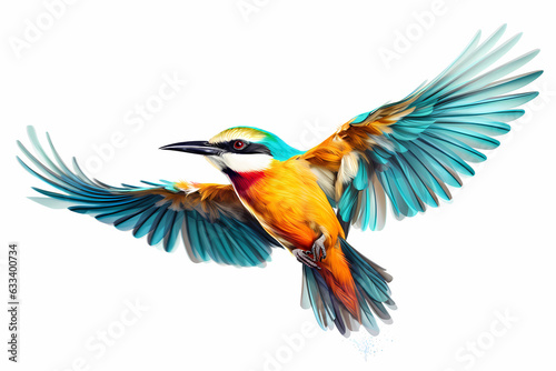 Beautiful exotic bird flying on a white canvas background. Generative Ai © Hamza