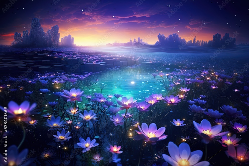 The image of a field full of flowers under a starry sky. A field of bright colorful flowers.