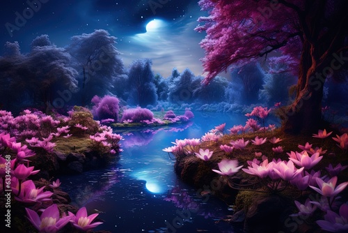 Night of forest with many beautiful stars in the sky, fantastic fairy tale forest.