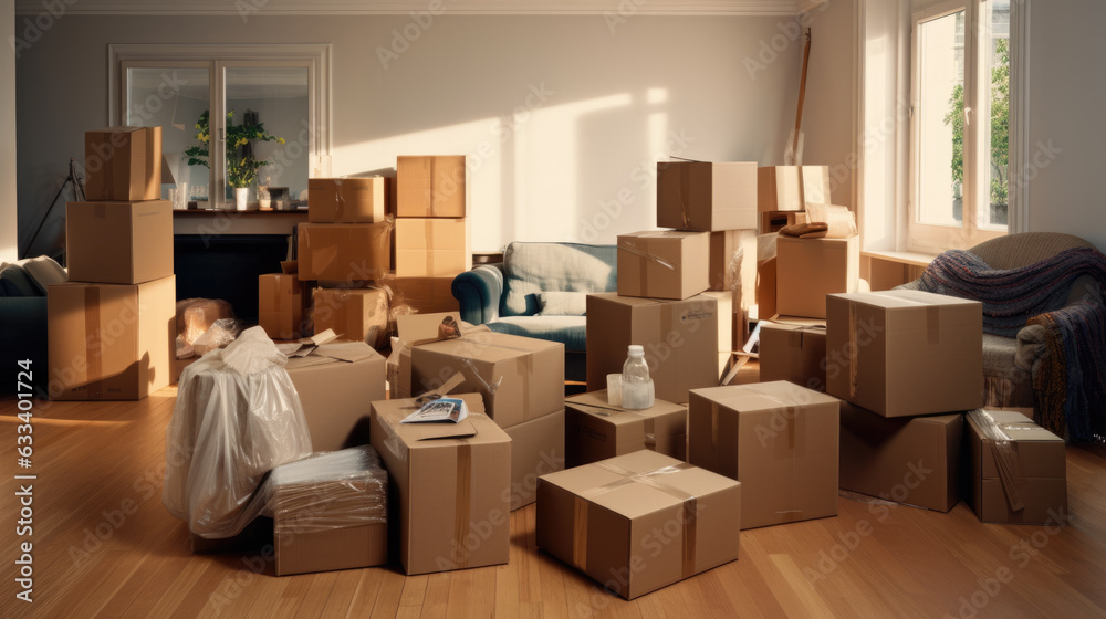 A pile of moving boxes in the room. Created with Generative AI technology. A pile of moving boxes in the room. Created with Generative AI technology.