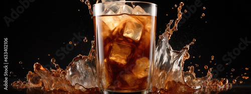 Ice coffee is poured into a clear tall glass with a splash on a black background. Created with Generative AI technology. photo