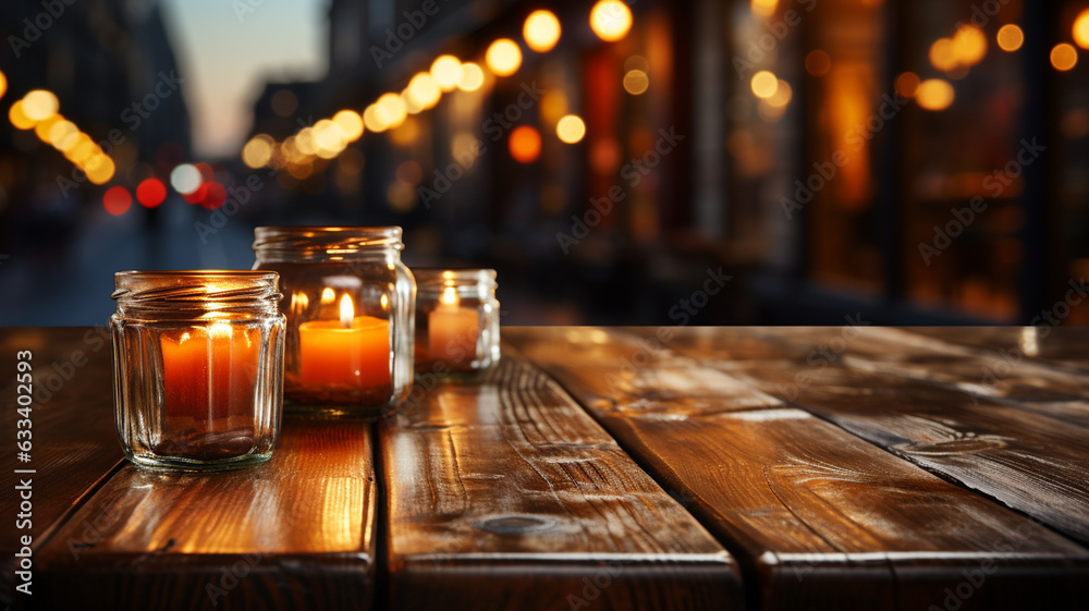 empty wooden table with blurred restaurant background