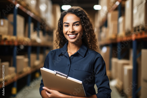 mujer encargada trabajadora en empresa de paquetería, de raza negra, vistiendo camisa azul y portando documentos en un almacen