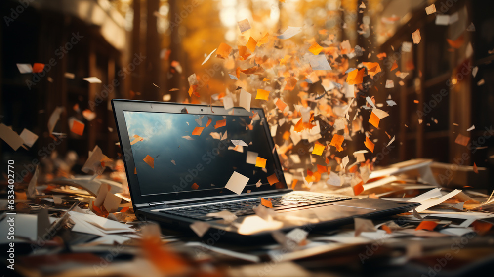 laptop computer with flying confetti in office