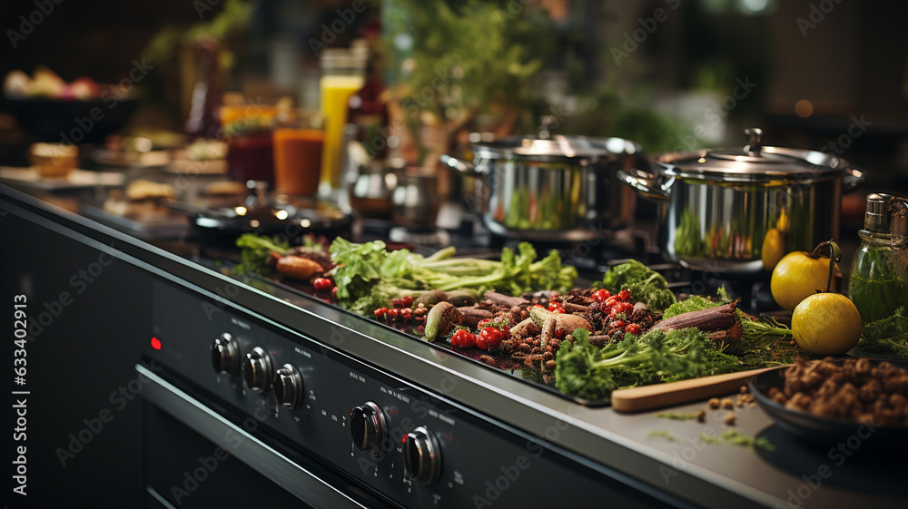 delicious fresh baked vegetables on kitchen table delicious fresh baked vegetables on kitchen table