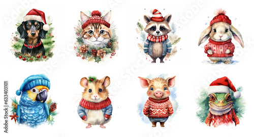 Generative AI, cute different animal pets in Christmas hats and ugly sweaters, watercolor style.