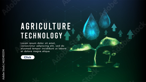 A sapling is growing on the ground with water drop.Product increase.Low polygon design.Hi-tech agriculture technology concept glowing green tones on hexagon dark background.Vector illustration.