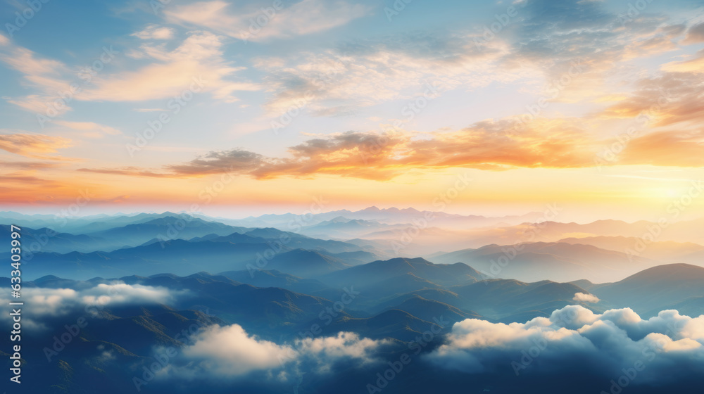 Beautiful landscape of hazy mountains and setting sun. Created with Generative AI technology.
