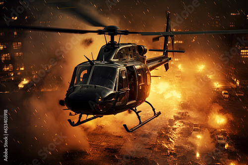 Action shot with helicopter hovering in the air over flame and explosions. Dynamic scene in action movie blockbuster style. © swillklitch
