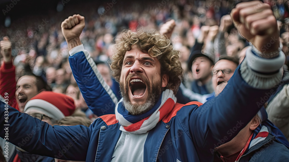 French fan, Celebrating the success. Supporters cheer in bleacher in French rugby match 2023. Generative Ai French fan, Celebrating the success. Supporters cheer in bleacher in French rugby match 2023. Generative Ai