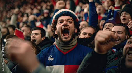 French fan, Celebrating the success. Supporters cheer in bleacher in French rugby match 2023. Generative Ai © tong2530