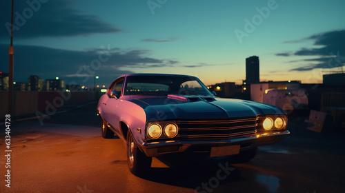 Vintage muscle car parked on the street at night. 80s styled synthwave retro scene with powerful drive in evening. © swillklitch