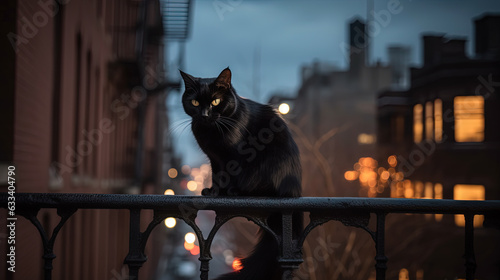 Black cat sitting on a railing at night, in the style of life in New York city.