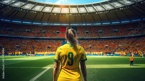 A young woman soccer player wearing in colors vivid soccer uniform of Australia on backdrop lively soccer stadium. FIFA Women's World Cup Australia and New Zealand 2023. Generative Ai © tong2530