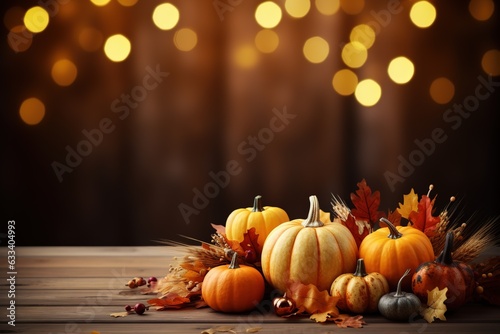 Fall decoration with pumpkin, leaves, barley and fruits on wooden table with copy space for your text or designs. Happy Thanksgiving celebration background with empty space.