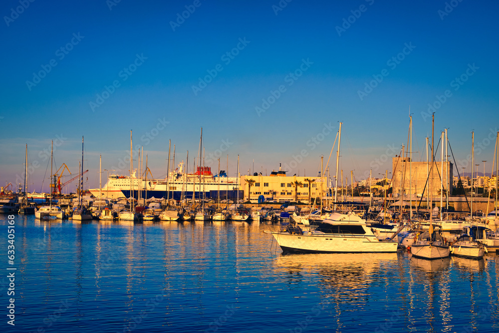 View of port area and bay in Heraklion, capital of Crete island