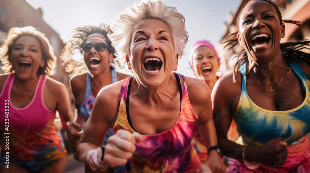 Group of happy senior women running together outdoor, jogging, fitness outdoor,  healthy, elderly, friendship, diversity