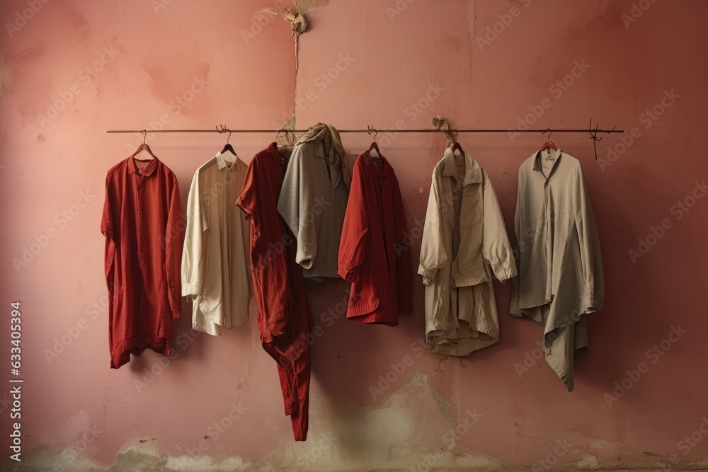 clothing on hangers against a wall