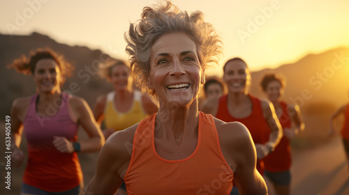 Group of happy senior women running together outdoor, jogging, fitness outdoor, healthy, elderly, friendship, diversity