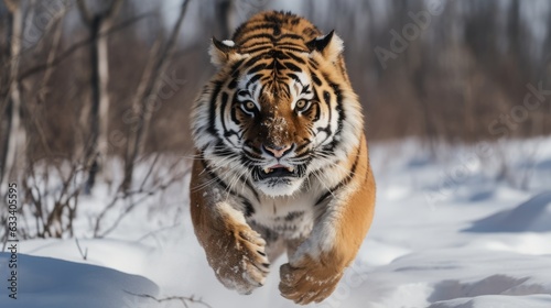 Siberian tiger running close-up, tiger charging camera, powerful, strength, courage, no fear 