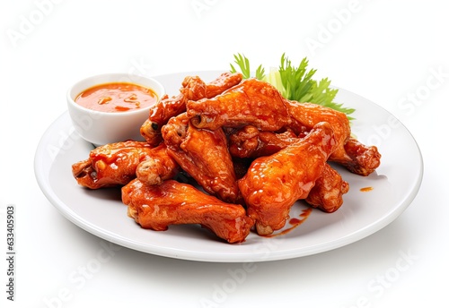 Buffalo chicken wings on plate with one bowl of chili sauce isolated on white background