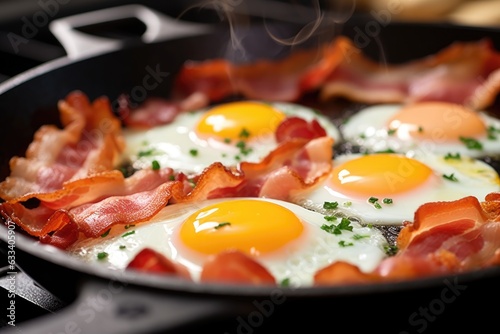 close-up of frying eggs and bacon in a non-stick pan