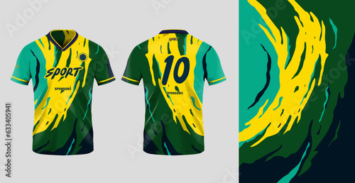 Tshirt mockup sport jersey template design for football soccer, racing, gaming, sports jersey abstract design green yellow color