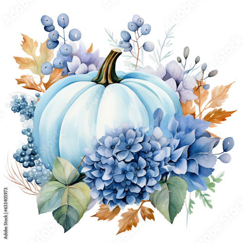 autumn floral elements with blue pumpkin watercolor  isolated