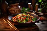 wok on a rustic wooden table with chopsticks nearby