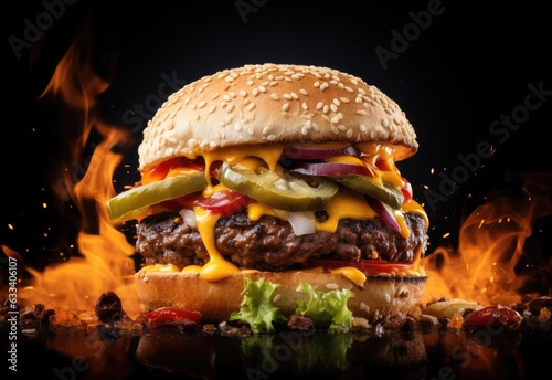 Burger with fiery hot chilies isolated on black background photo