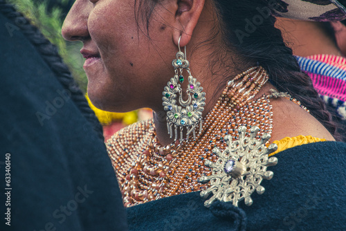Silver jewelry used by indigenous women of the Saraguro culture, Ecuador photo
