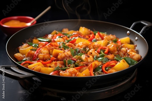 wok with bubbling sweet and sour sauce and pineapple