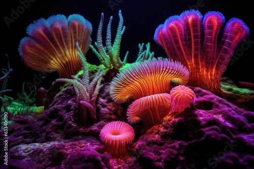 fluorescent coral polyps feeding on microscopic organisms