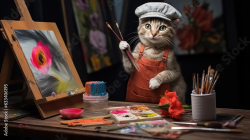 A kitten artist with a tiny beret, painting in front of an easel