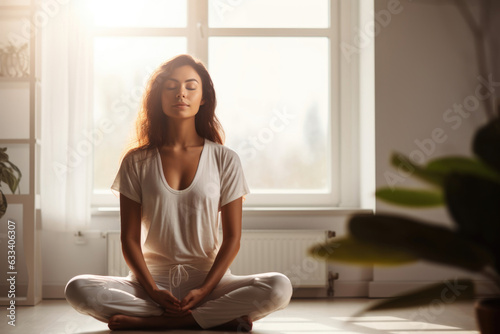 A healthy young woman meditates at home with her eyes closed sitting on the floor in the living room photo