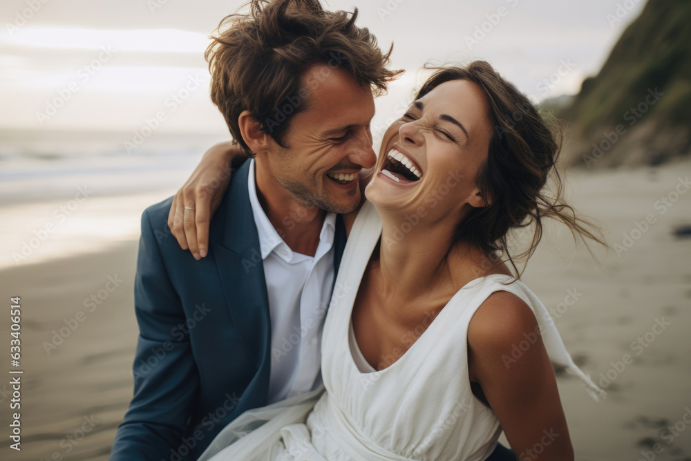 A man in a groom's suit picks up a woman in a white dress on the seashore.