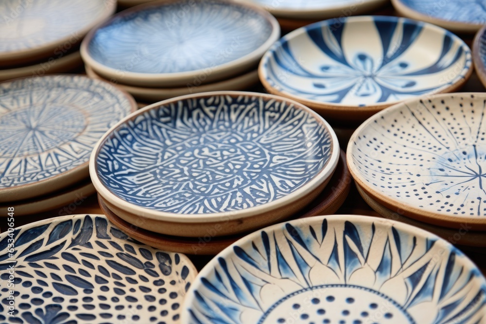 close-up of ceramic plates with patterns drying