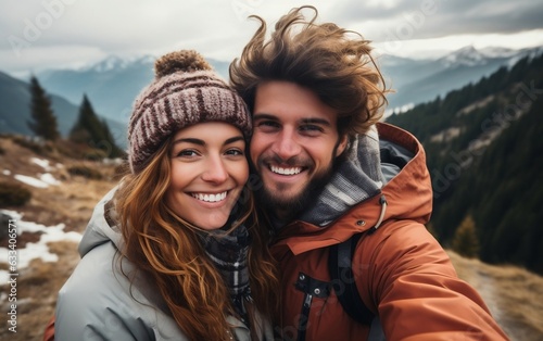 Selfie photo of a happy couple. AI