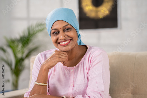 Obraz na płótnie Happy smiling recovered indian woman cancer patient confidently looking at camer