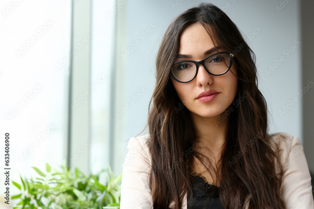 Beautiful smiling girl at workplace look in camera portrait. White collar dress code worker at workspace job offer modern office lifestyle client visit study profession boss market idea coach train. Beautiful smiling girl at workplace look in camera portrait. White collar dress code worker at workspace job offer modern office lifestyle client visit study profession boss market idea coach train.