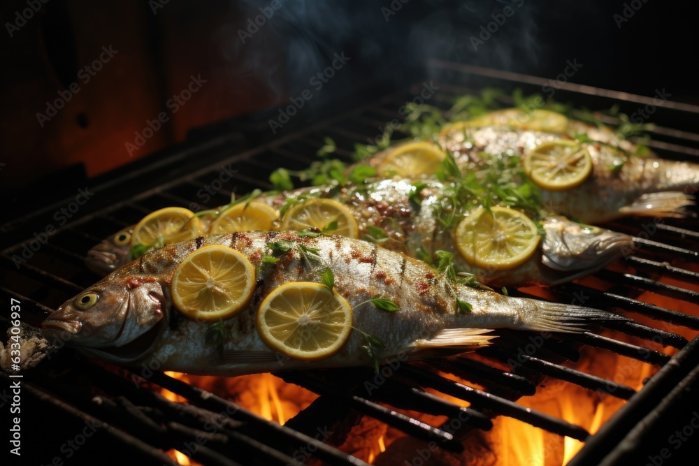grilled fish with lemon and herbs on grill grilled fish with lemon and herbs on grill