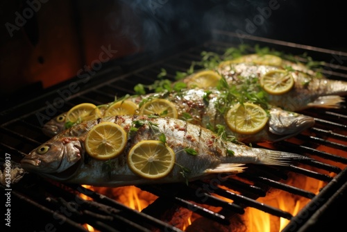 grilled fish with lemon and herbs on grill