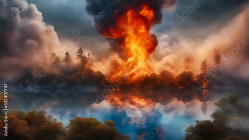 Ein riesiger Waldbrand mit starker Rauchentwicklung am See. Generative AI illustration